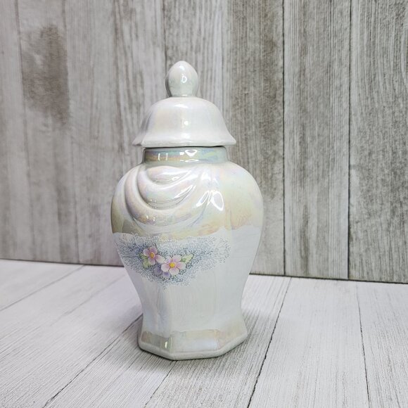 Vintage Lusterware Porcelain Storage Jar with Floral Design Blue and Pink - Picture 2 of 8